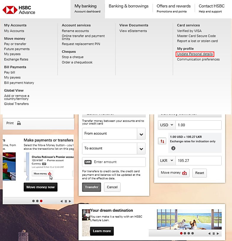 Entry points for update personal details screen; image used for HSBC one-time password ways to bank page.
